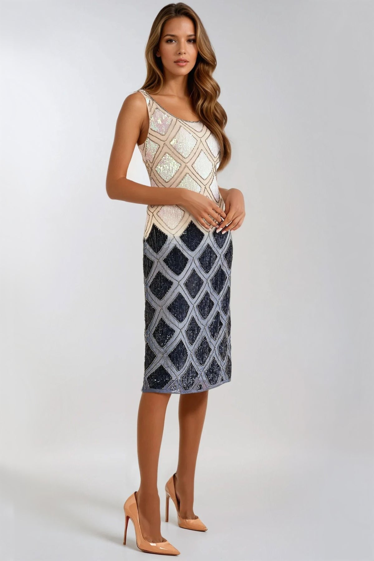 Navy Beige Sequin Diamond Pattern Midi Dress – product image 1 of 3
