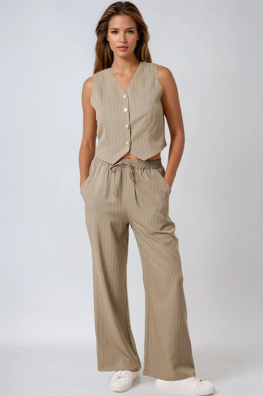 Khaki Pinstripe Wide Leg Trousers and Waistcoat Co-Ord Set – product image 1 of 4