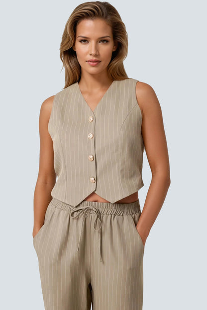 Khaki Pinstripe Wide Leg Trousers and Waistcoat Co-Ord Set – product image 2 of 4