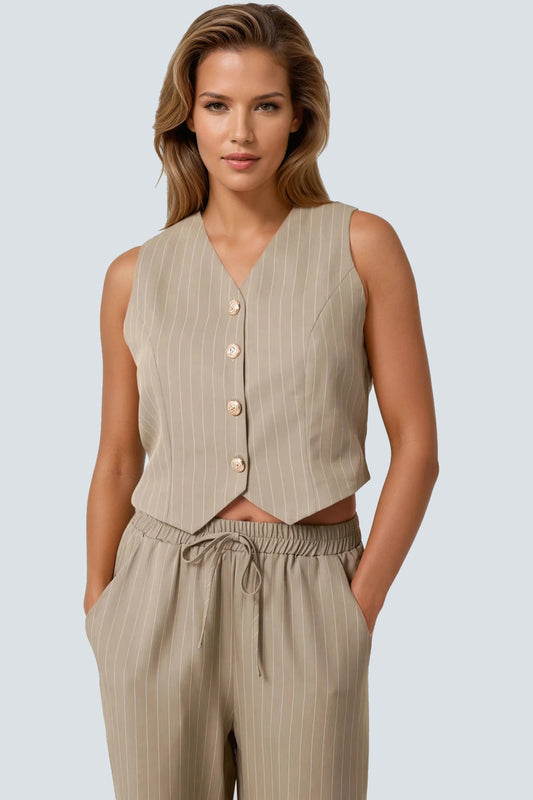 Khaki Pinstripe Wide Leg Trousers and Waistcoat Co-Ord Set – product image 2 of 4