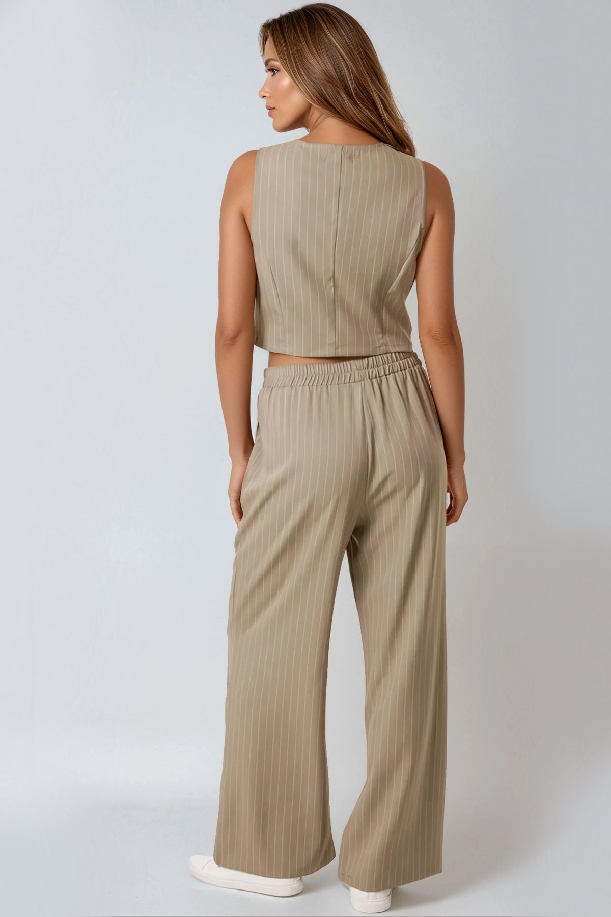 Khaki Pinstripe Wide Leg Trousers and Waistcoat Co-Ord Set – product image 4 of 4