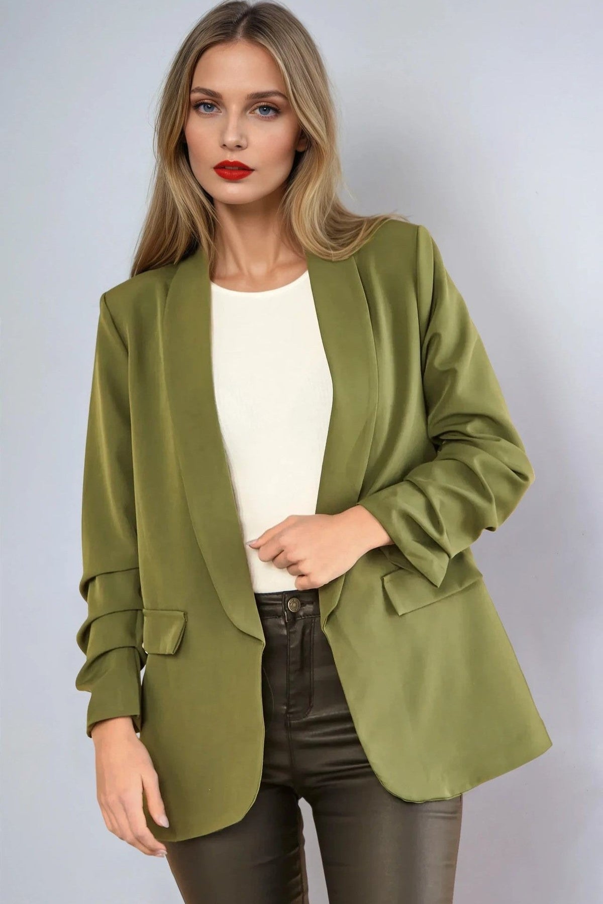 Khaki Blazer with Ruched Sleeves – product image 1 of 4