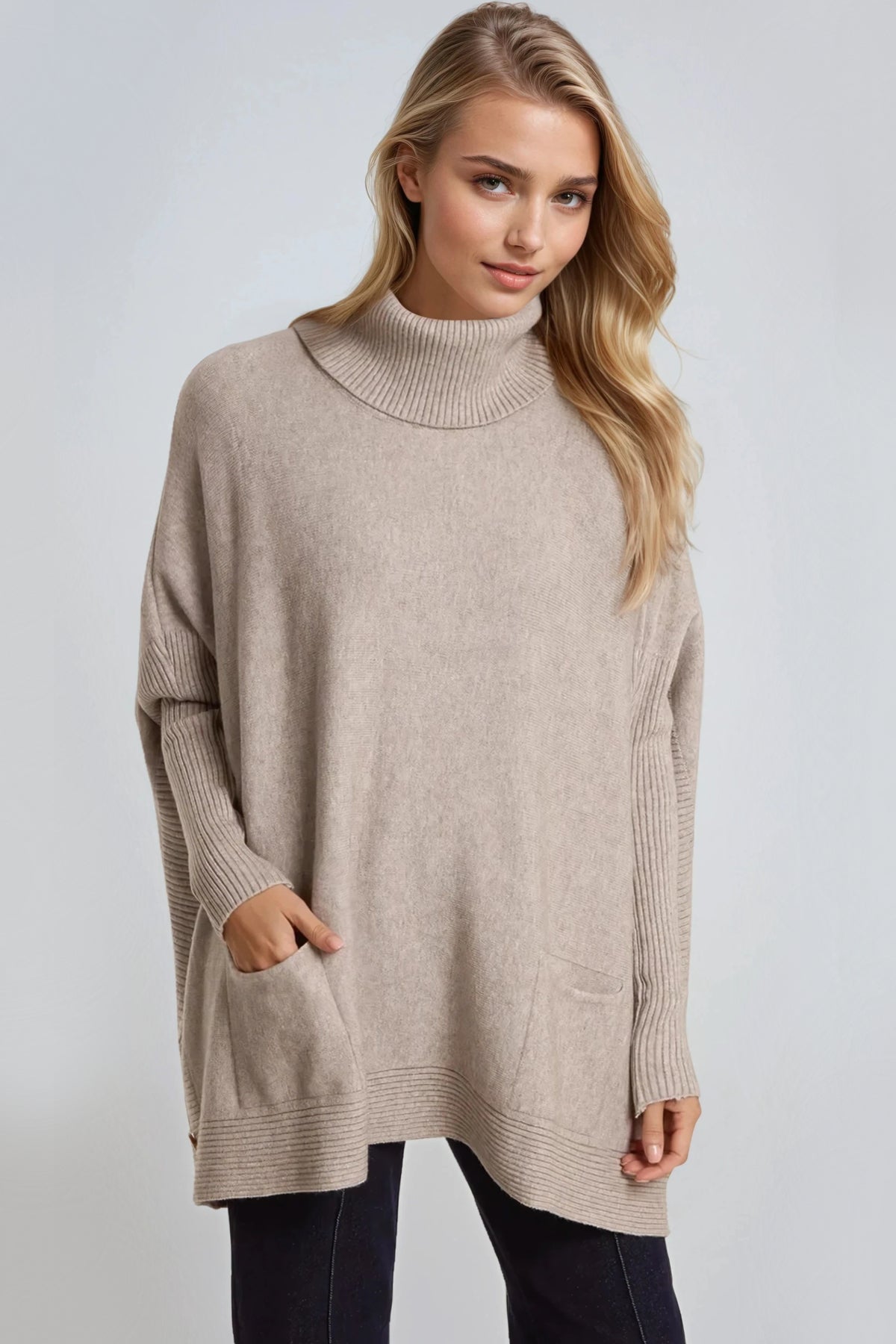 Mocha Roll Neck Jumper Poncho With Side Buttons – product image 1 of 3