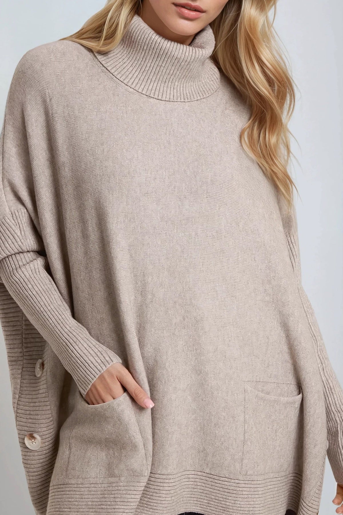 Mocha Roll Neck Jumper Poncho With Side Buttons – product image 2 of 3