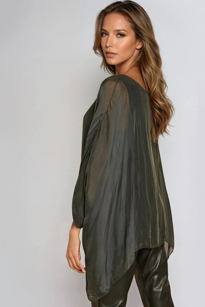 Charcoal Silk Batwing Sleeve Round Neck Blouse – product image 2 of 2