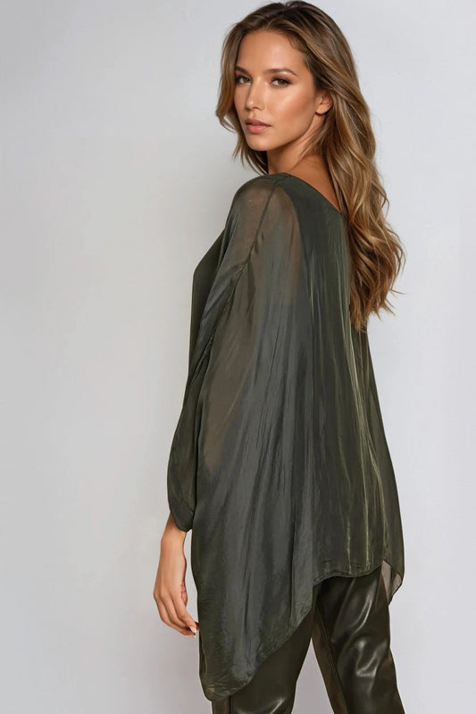 Charcoal Silk Batwing Sleeve Round Neck Blouse – product image 2 of 2