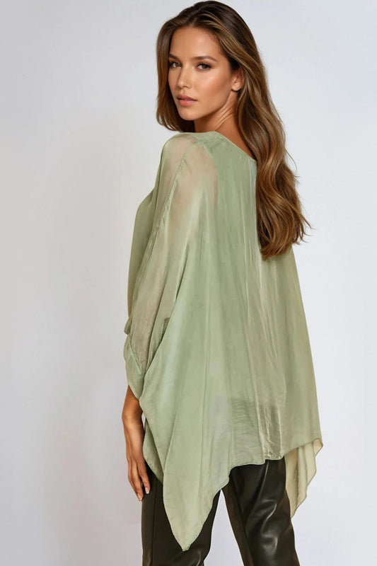Khaki Silk Batwing Sleeve Round Neck Blouse – product image 2 of 2
