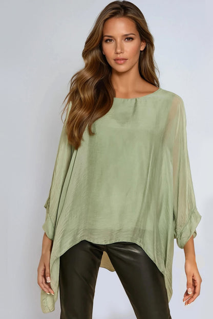 Khaki Silk Batwing Sleeve Round Neck Blouse – product image 1 of 2