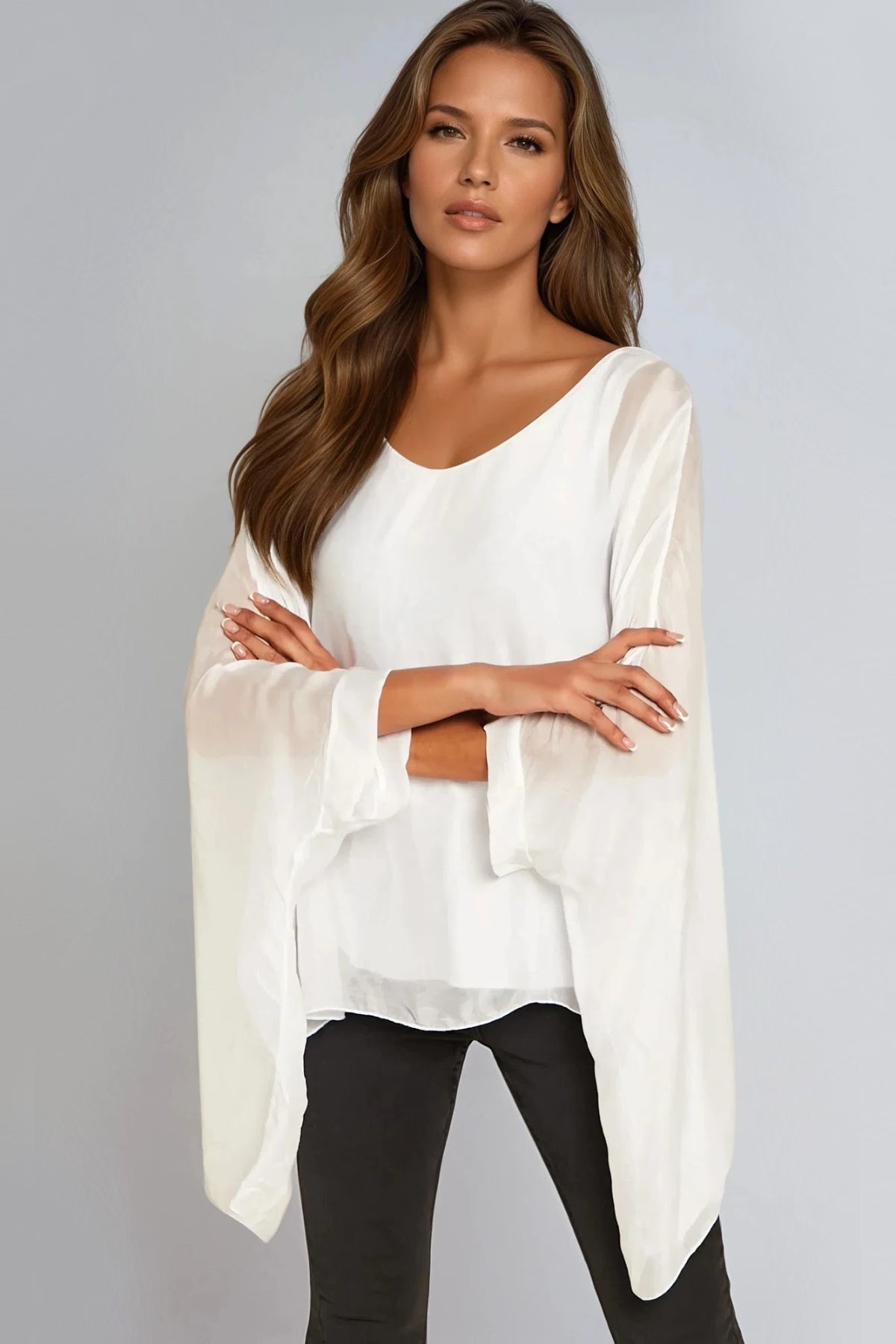 White Silk Batwing Sleeve Round Neck Blouse – product image 1 of 2