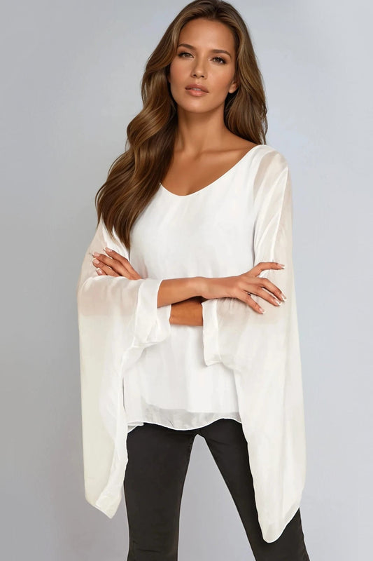 White Silk Batwing Sleeve Round Neck Blouse – product image 1 of 2