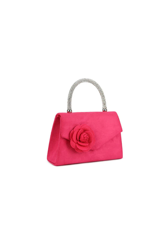 Fuchsia Suedette Flower Embellished Evening Bag – product image 2 of 3