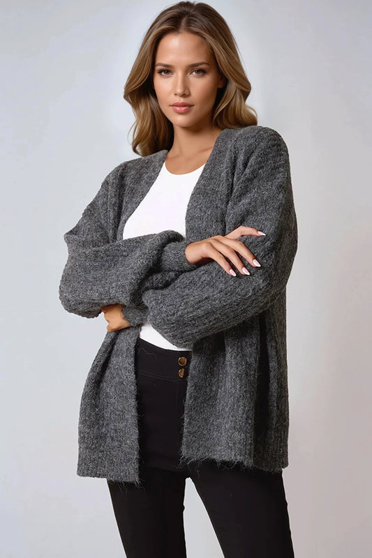 Charcoal Wool Blend Balloon Sleeve Knitted Cardigan – product image 1 of 3