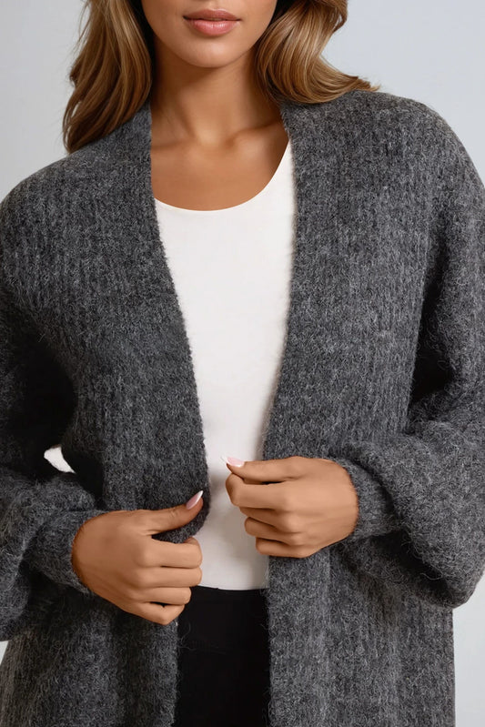 Charcoal Wool Blend Balloon Sleeve Knitted Cardigan – product image 2 of 3