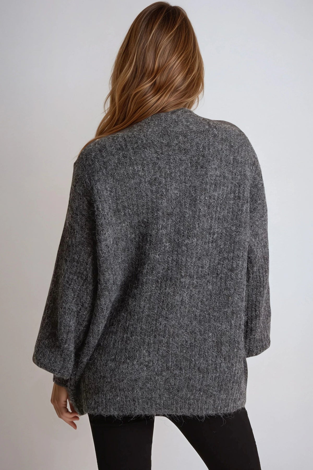 Charcoal Wool Blend Balloon Sleeve Knitted Cardigan – product image 3 of 3
