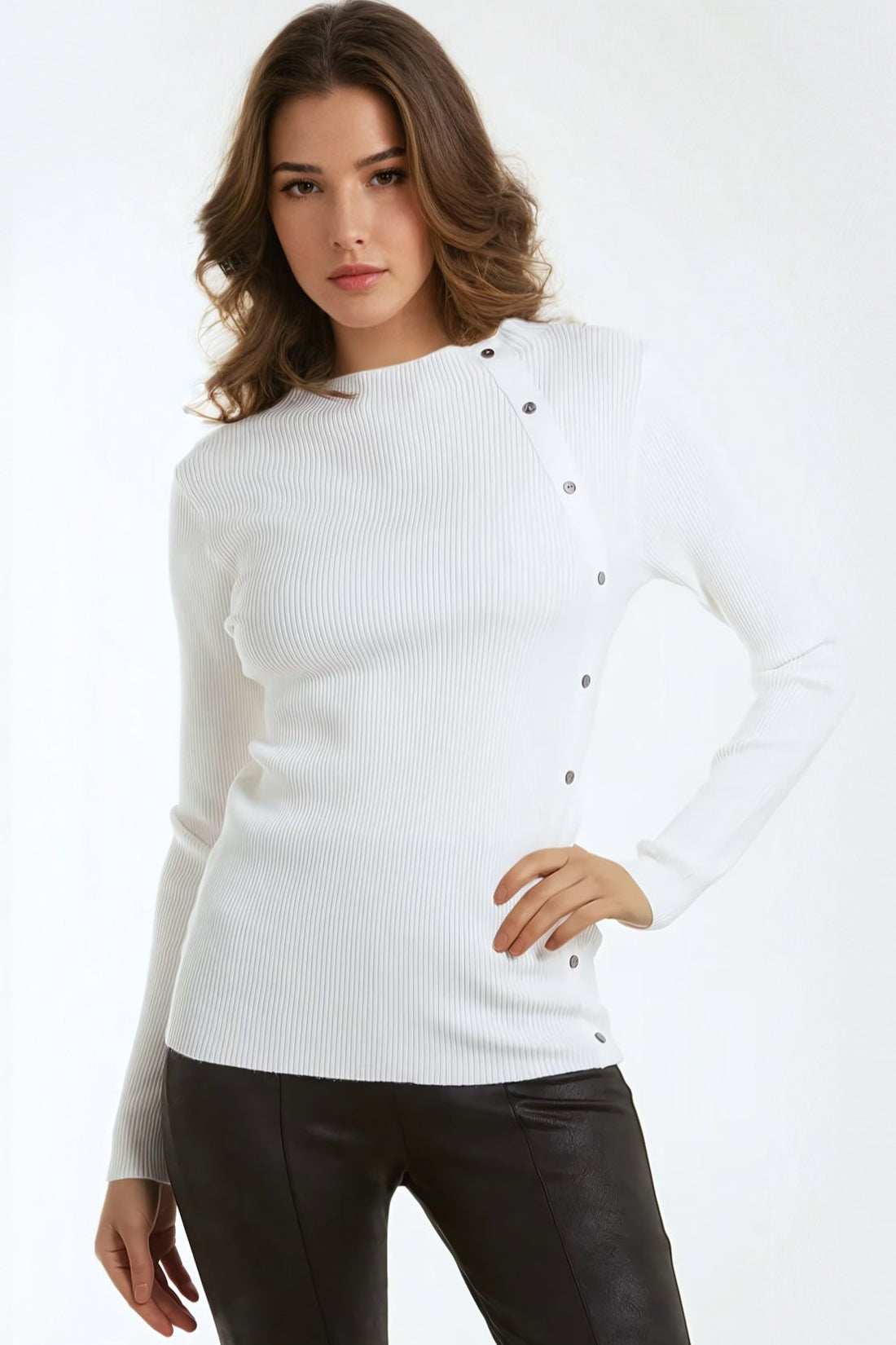 Cream Button Detail Slash Neck Ribbed Jumper – product image 1 of 3