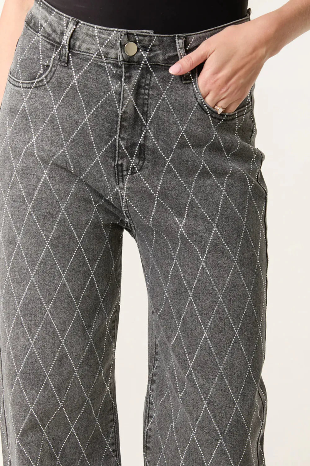 Black Wash Diamond Embellished Straight Leg Jeans – product image 3 of 4