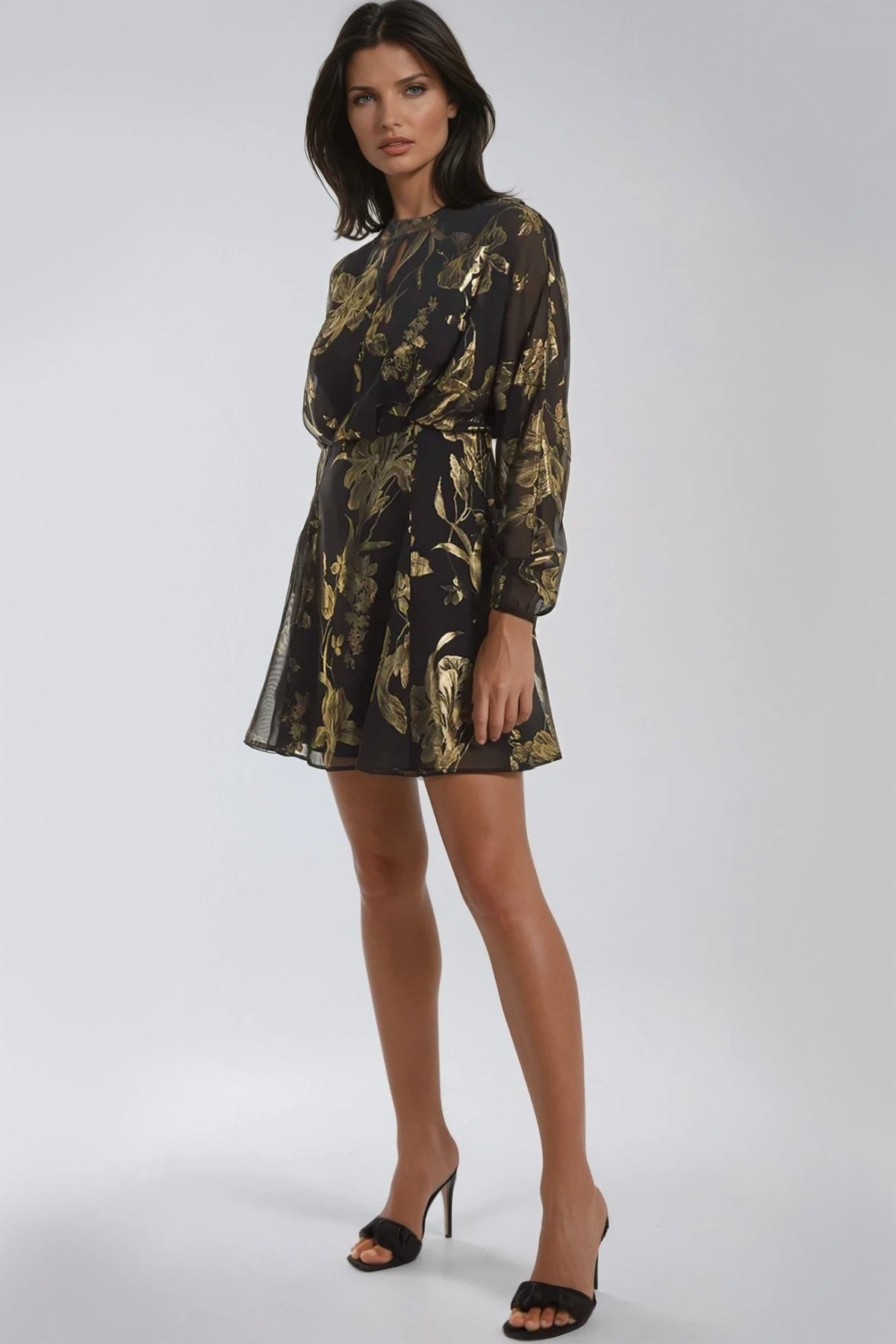 Black Gold Keyhole Foil Floral Detail Mini Dress – product image 2 of 4
