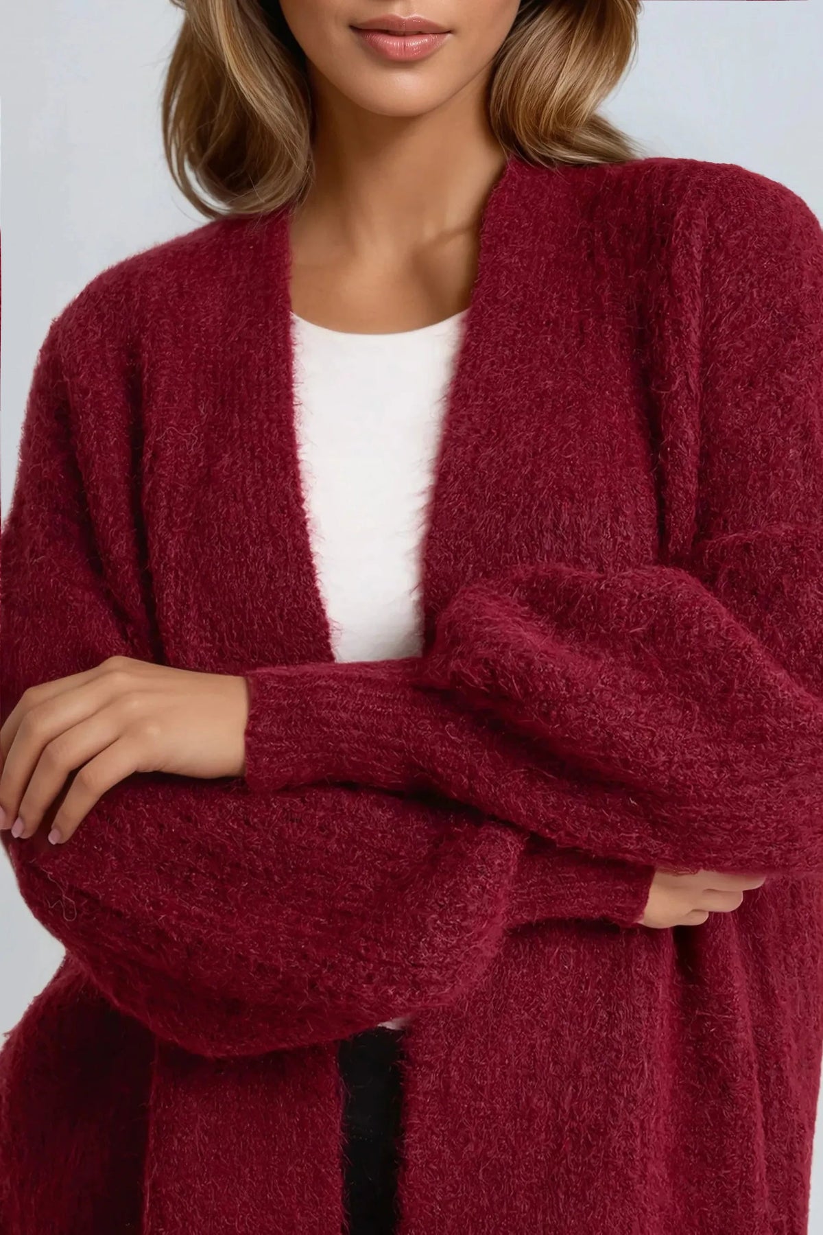 Wine Wool Blend Balloon Sleeve Knitted Cardigan – product image 2 of 3