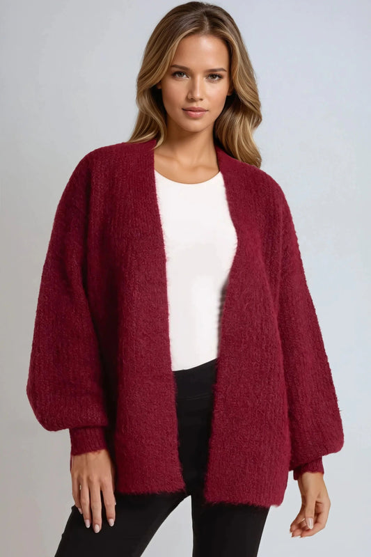 Wine Wool Blend Balloon Sleeve Knitted Cardigan – product image 1 of 3