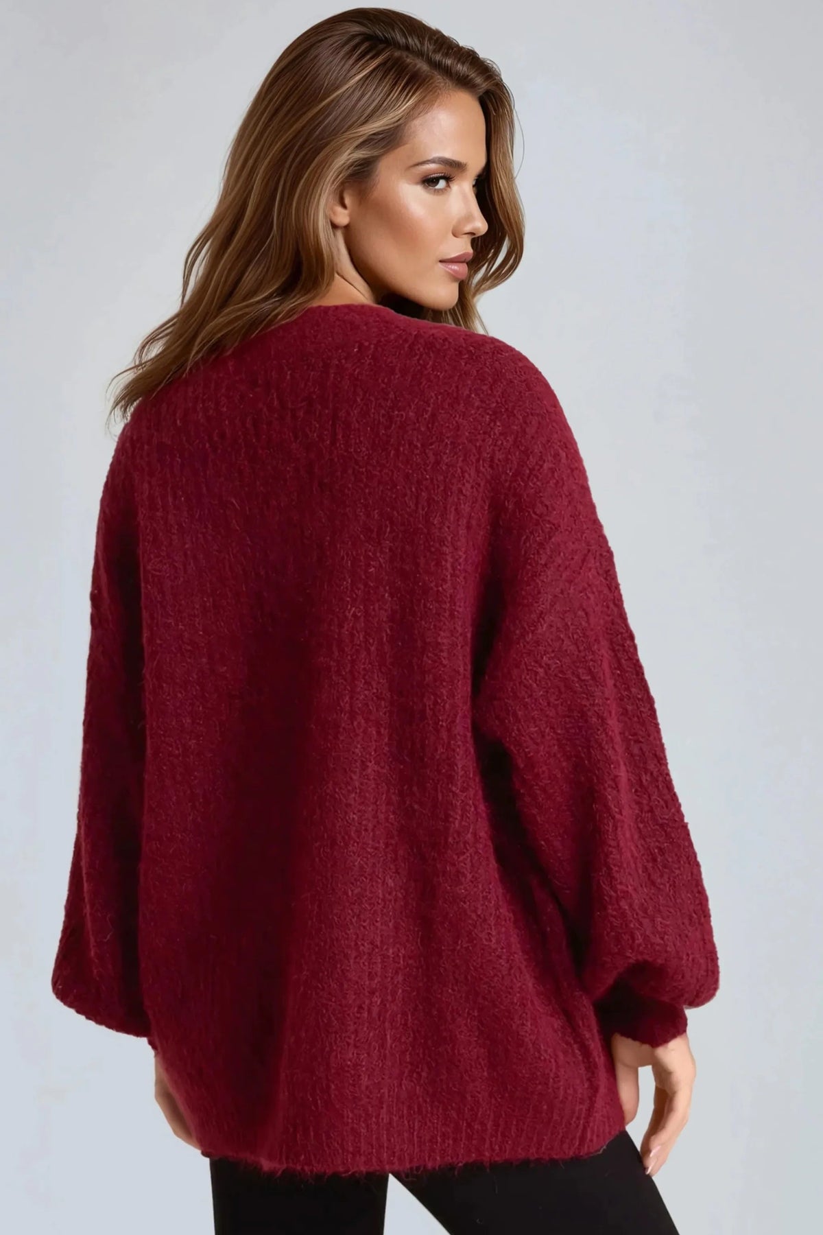 Wine Wool Blend Balloon Sleeve Knitted Cardigan – product image 3 of 3
