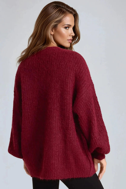 Wine Wool Blend Balloon Sleeve Knitted Cardigan – product image 3 of 3