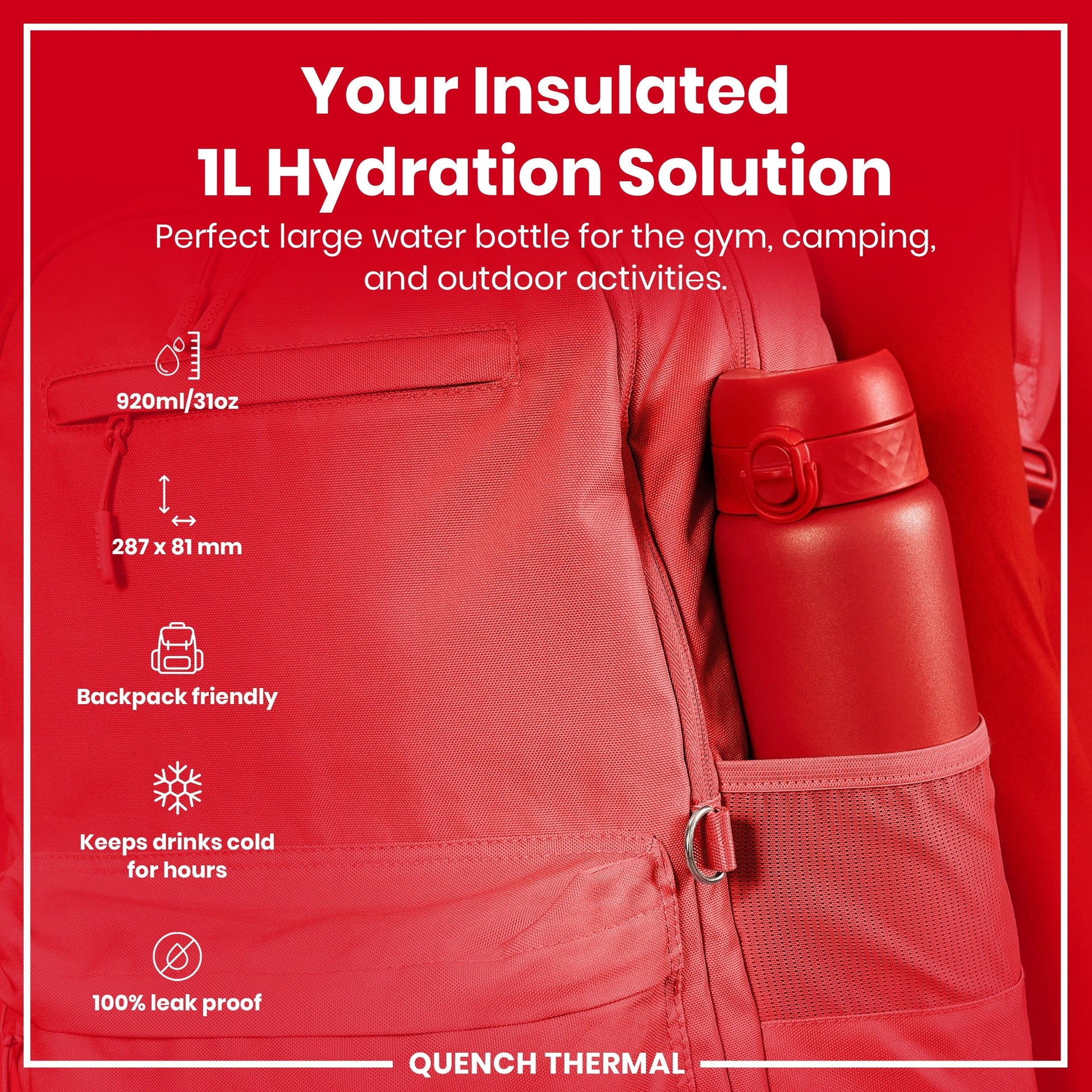 ION8 Insulated Steel Bottle – Red (1L) – product image 2