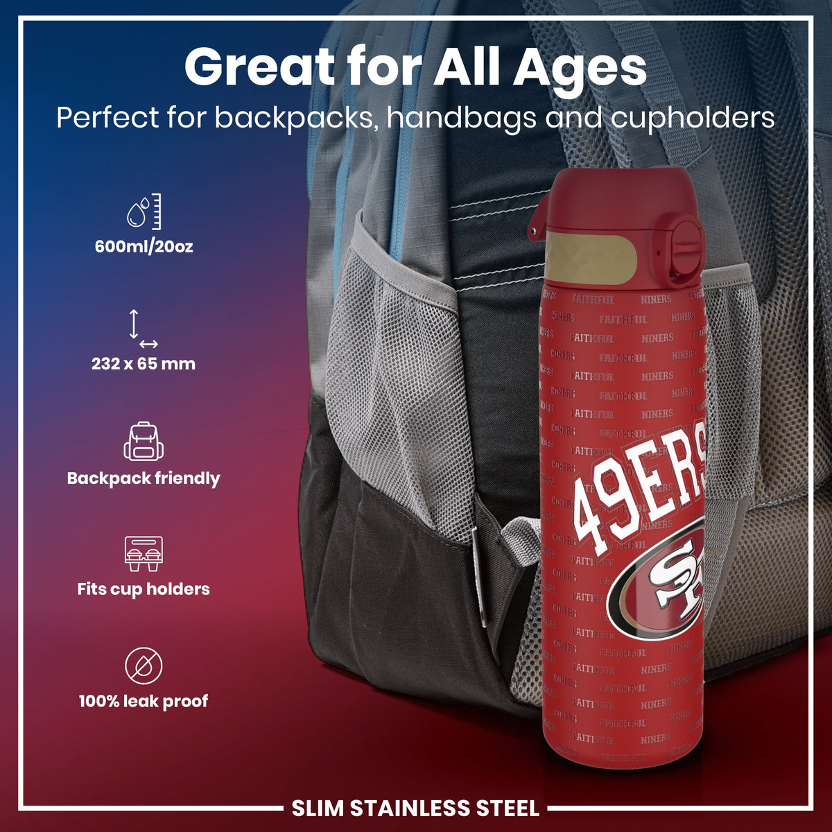 Leak Proof NFL Water Bottle, Stainless Steel, San Francisco 49ers, 600ml (20oz) – product image 2 of 7