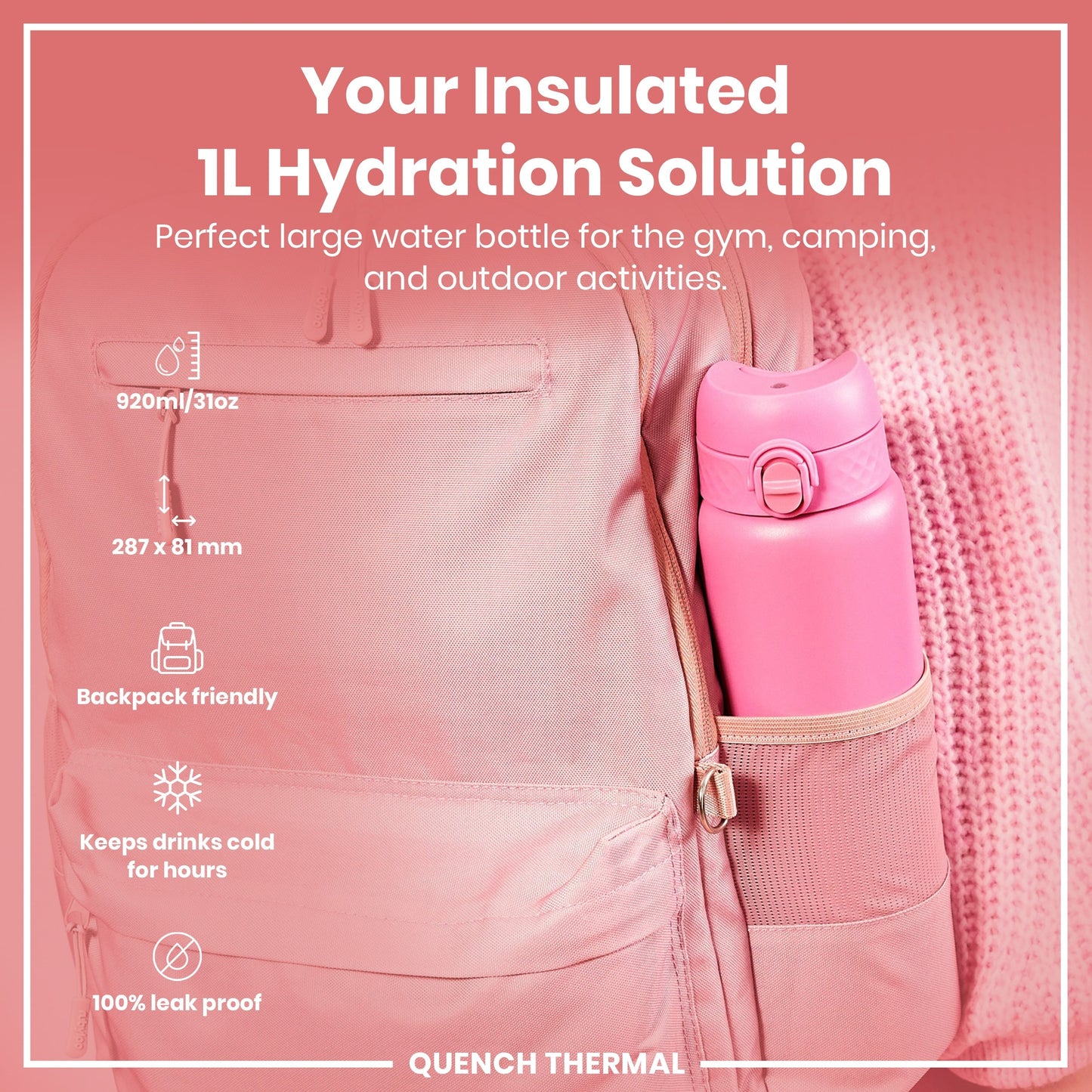 ION8 Insulated Steel Bottle – Rose Bloom (1L) – product image 2