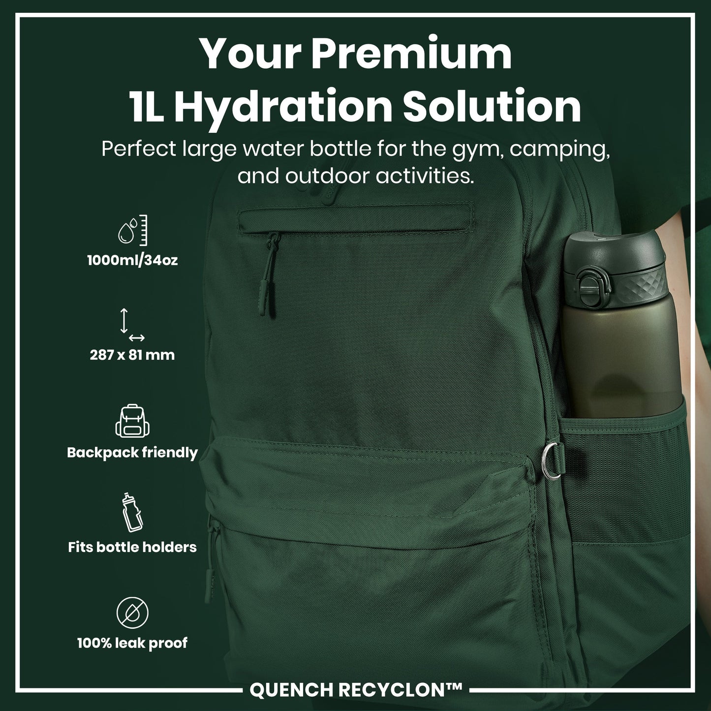 ION8 Recyclon Leak-Proof Bottle – Dark Green (1L) – product image 2