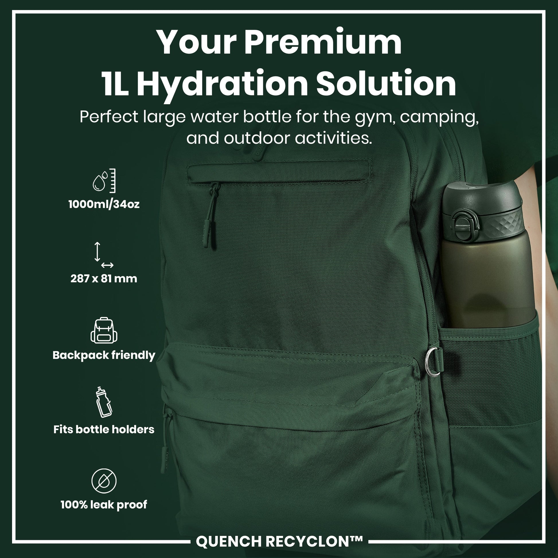 ION8 Recyclon Leak-Proof Bottle – Dark Green (1L) – product image 2