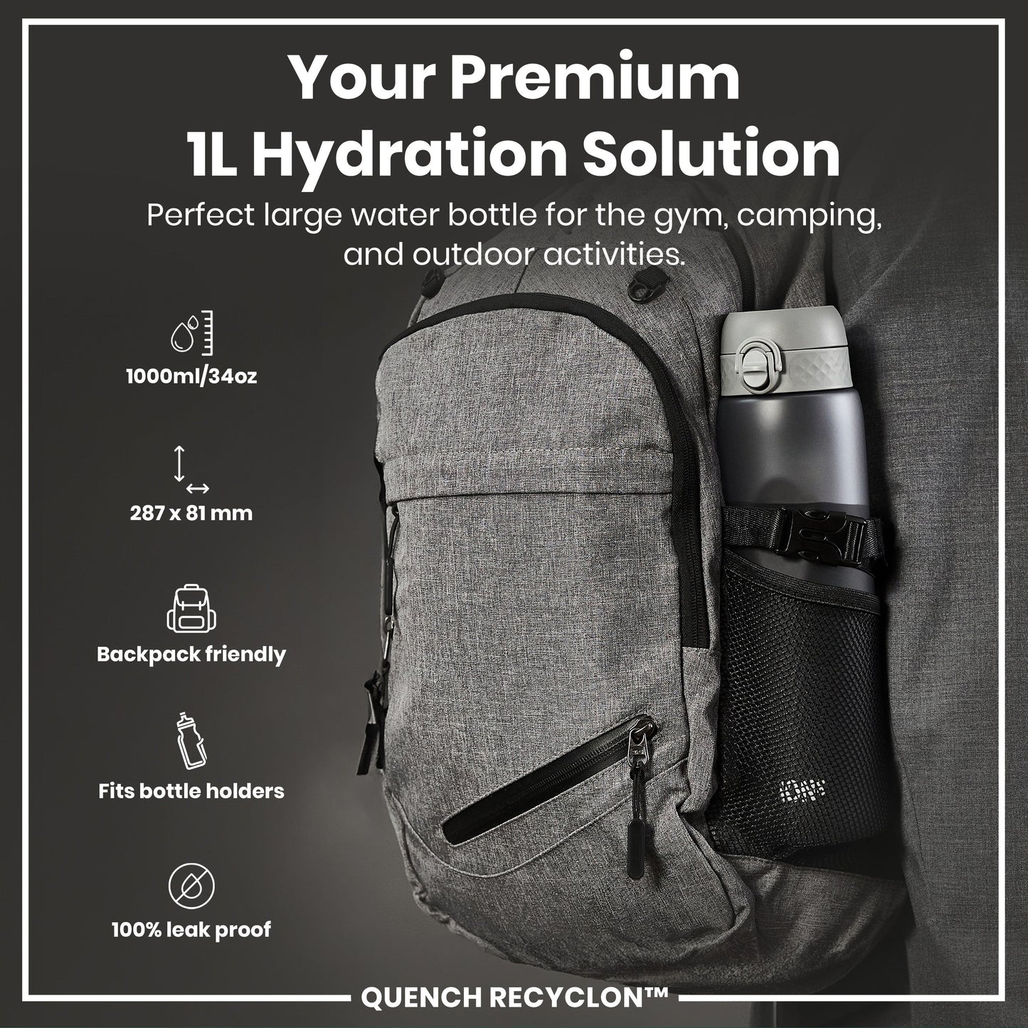 ION8 Recyclon Leak-Proof Bottle – Grey (1L) – product image 2