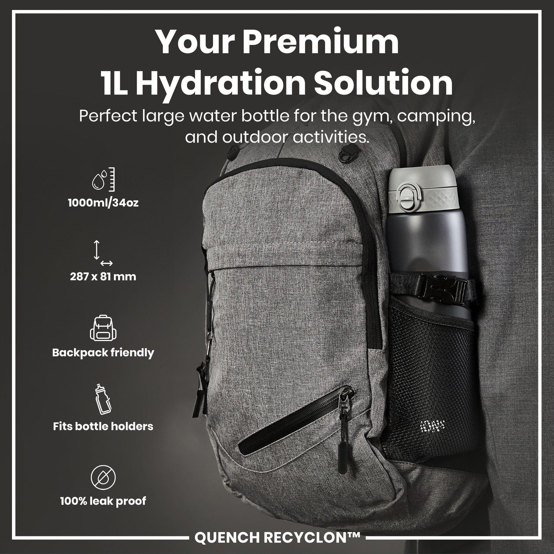 ION8 Recyclon Leak-Proof Bottle – Grey (1L) – product image 2