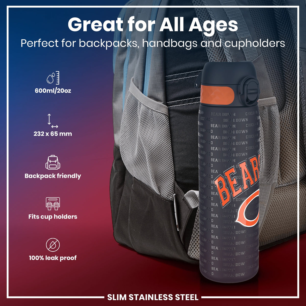 Leak Proof NFL Water Bottle, Stainless Steel, Chicago Bears, 600ml (20oz) – product image 2 of 7