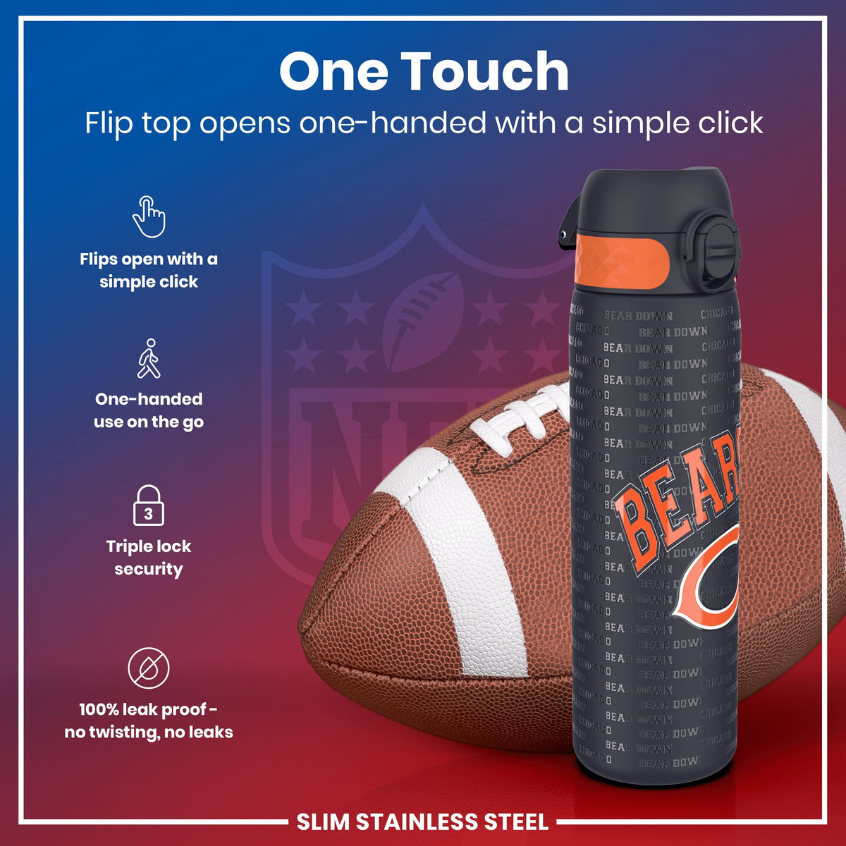 Leak Proof NFL Water Bottle, Stainless Steel, Chicago Bears, 600ml (20oz) – product image 3 of 7