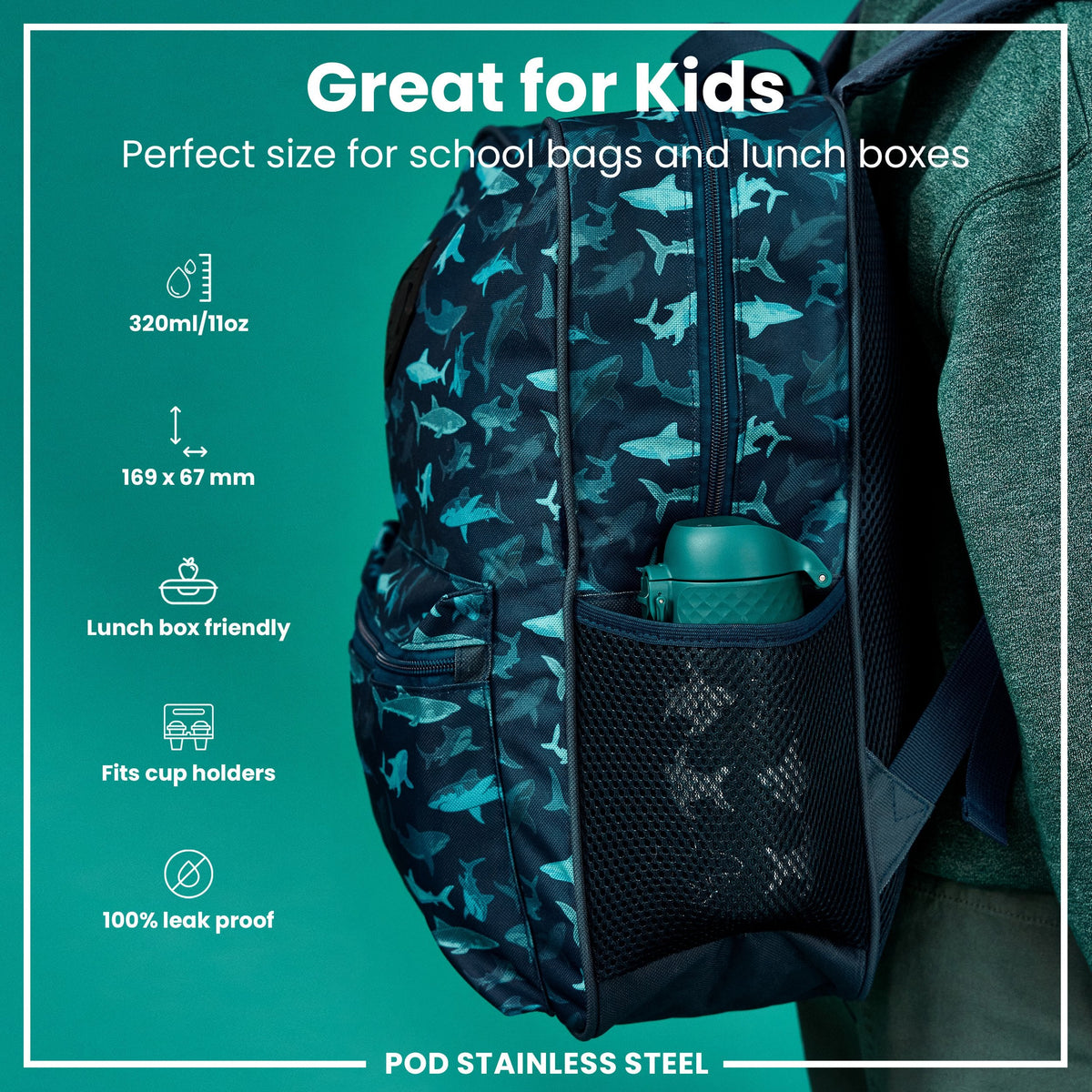 Leak Proof Thermal Steel Water Bottle, Insulated, Sharks, 320ml (11oz) - product image 2 of 7