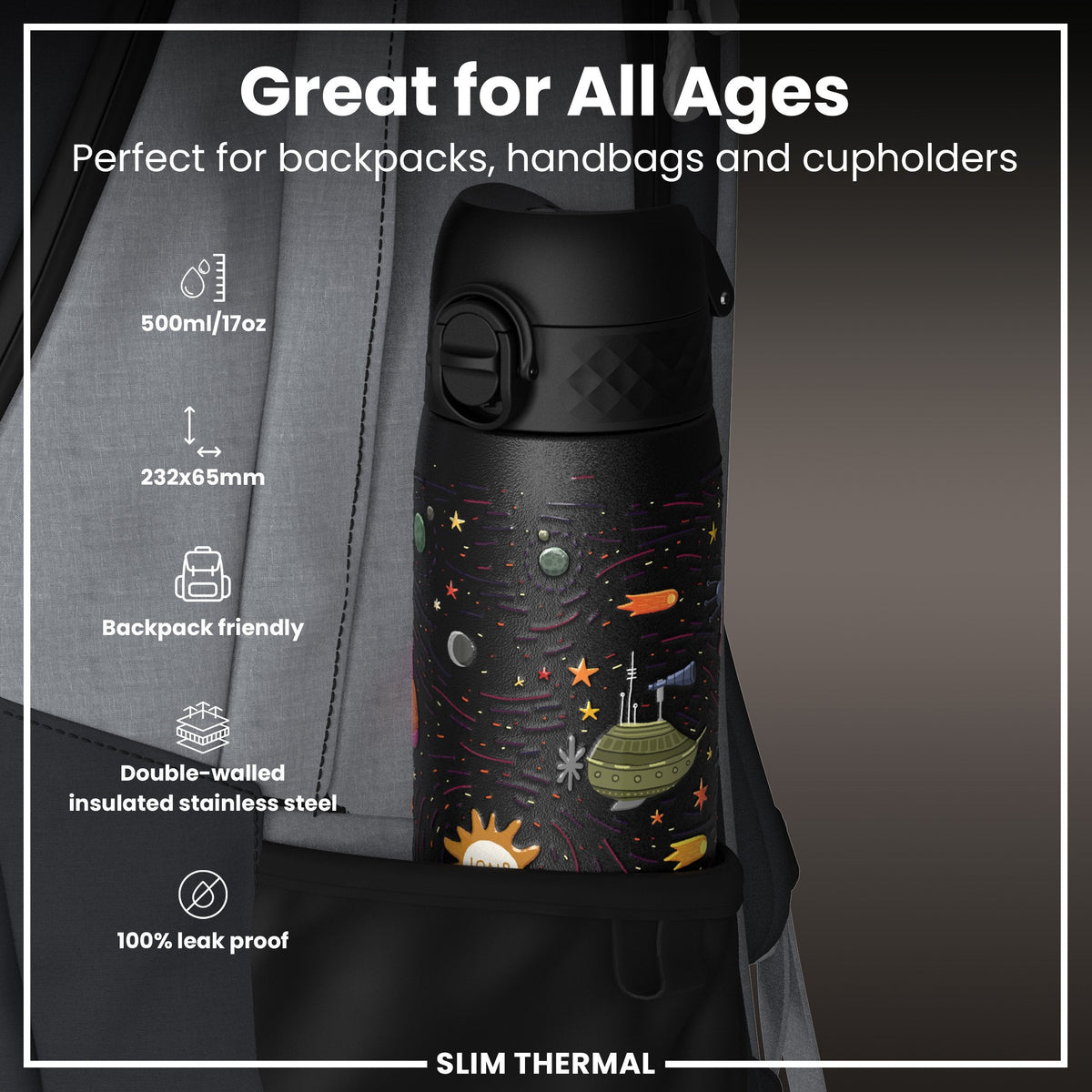 Leak Proof Slim Thermal Water Bottle, Insulated Steel, Spaceships, 500ml (17oz) – product image 2 of 7