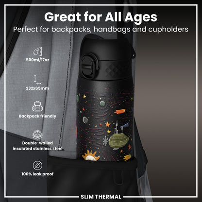 Leak Proof Slim Thermal Water Bottle, Insulated Steel, Spaceships, 500ml (17oz) – product image 2 of 7