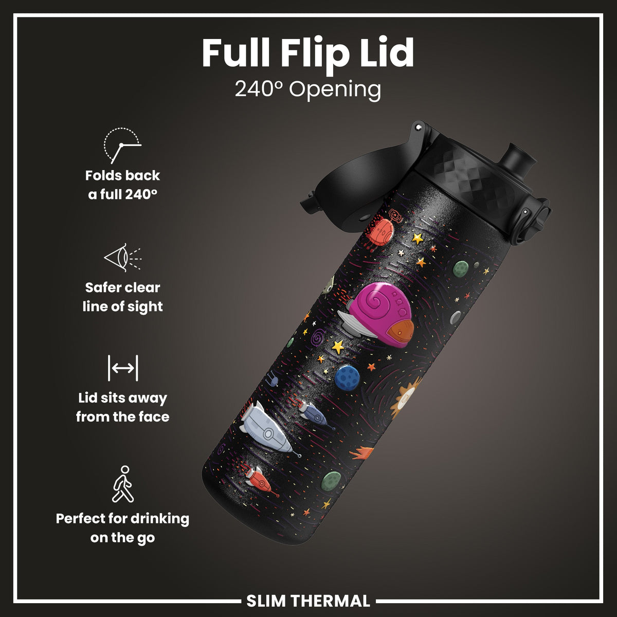 Leak Proof Slim Thermal Water Bottle, Insulated Steel, Spaceships, 500ml (17oz) – product image 4 of 7