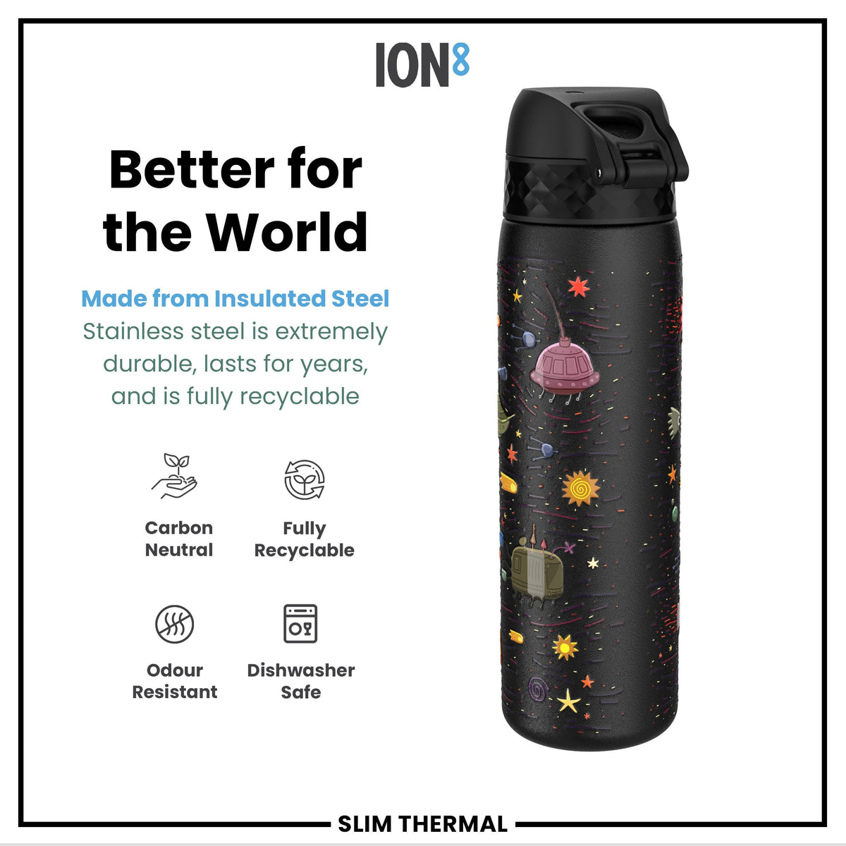 Leak Proof Slim Thermal Water Bottle, Insulated Steel, Spaceships, 500ml (17oz) – product image 5 of 7