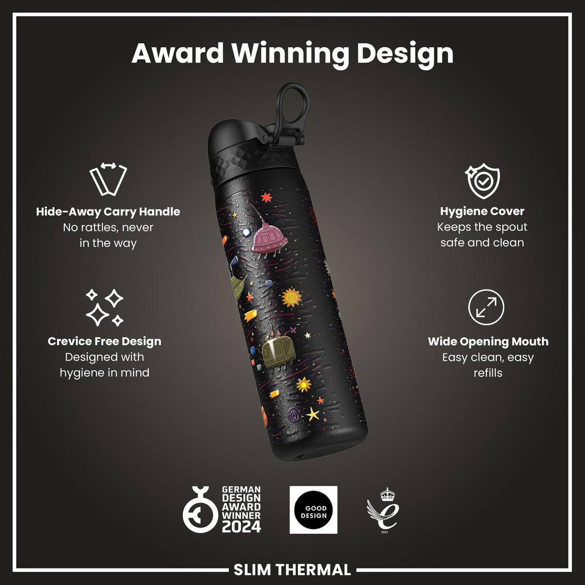 Leak Proof Slim Thermal Water Bottle, Insulated Steel, Spaceships, 500ml (17oz) – product image 6 of 7