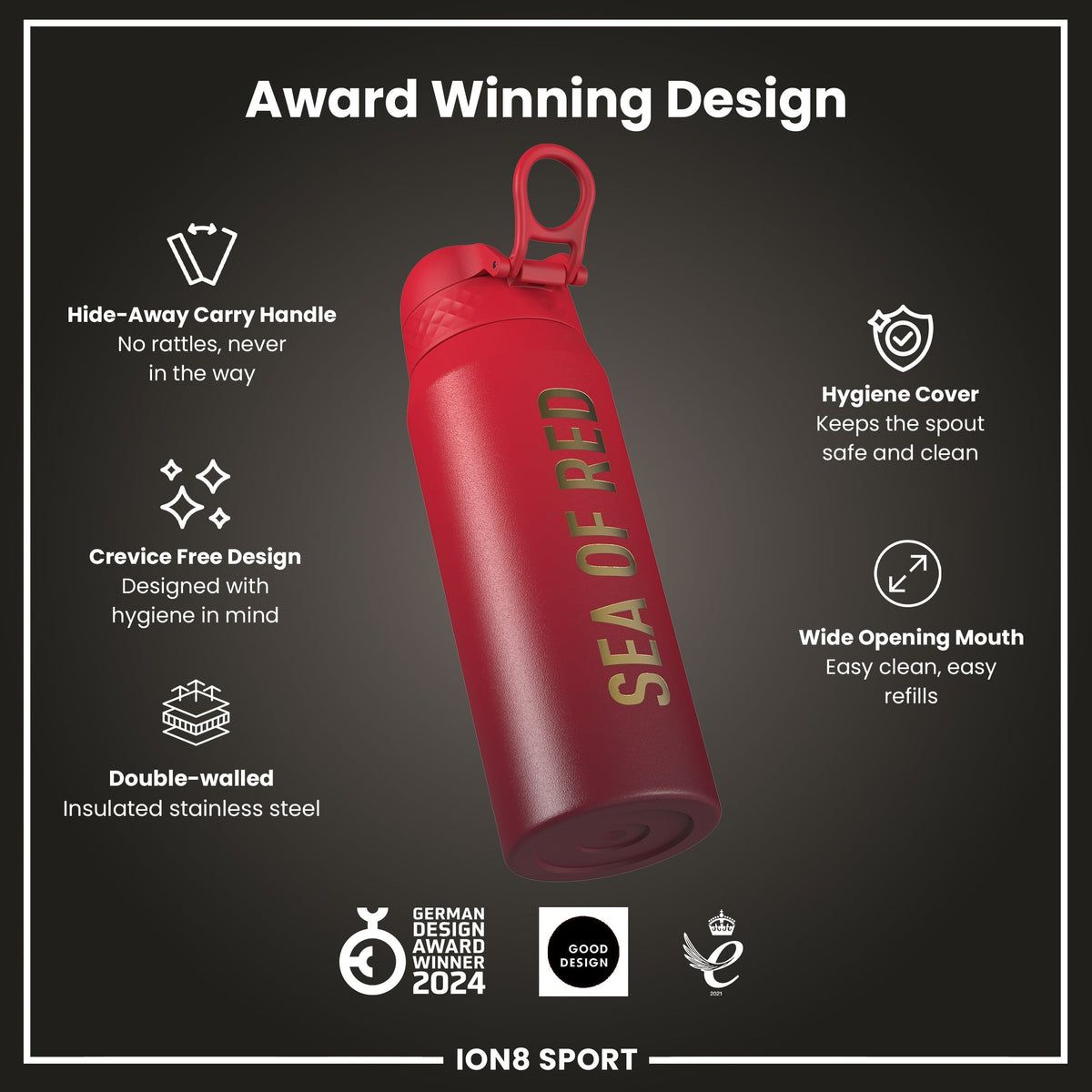 Lions X ION8 Insulated Steel Water Bottle, British & Irish Lions, Sea of Red, 750ml (24oz) – product image 6 of 7