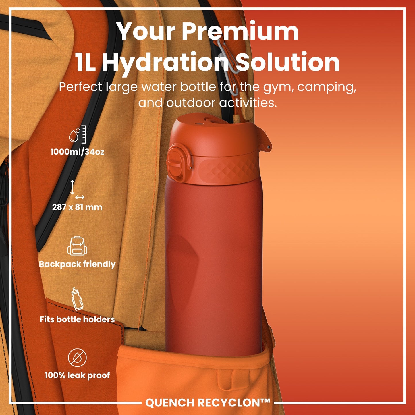 ION8 Recyclon Leak-Proof Bottle – Hearty Orange (1L) – product image 2