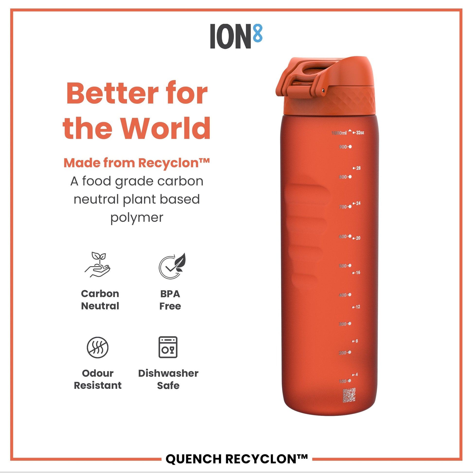 ION8 Recyclon Leak-Proof Bottle – Hearty Orange (1L) – product image 5