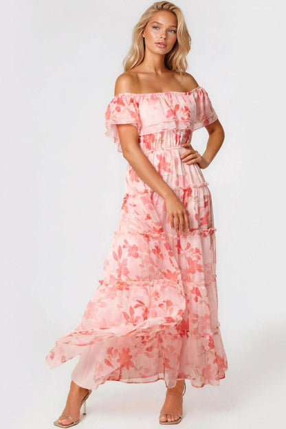 Pink Floral Bardot Tiered Maxi Dress – product image 1 of 3
