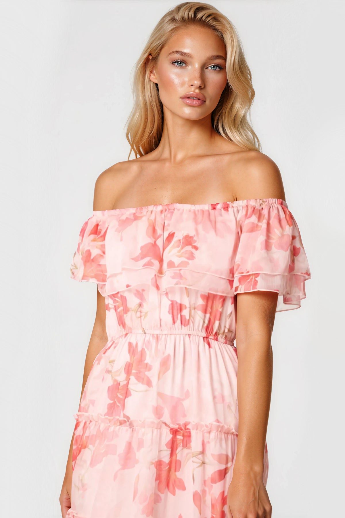 Pink Floral Bardot Tiered Maxi Dress – product image 2 of 3