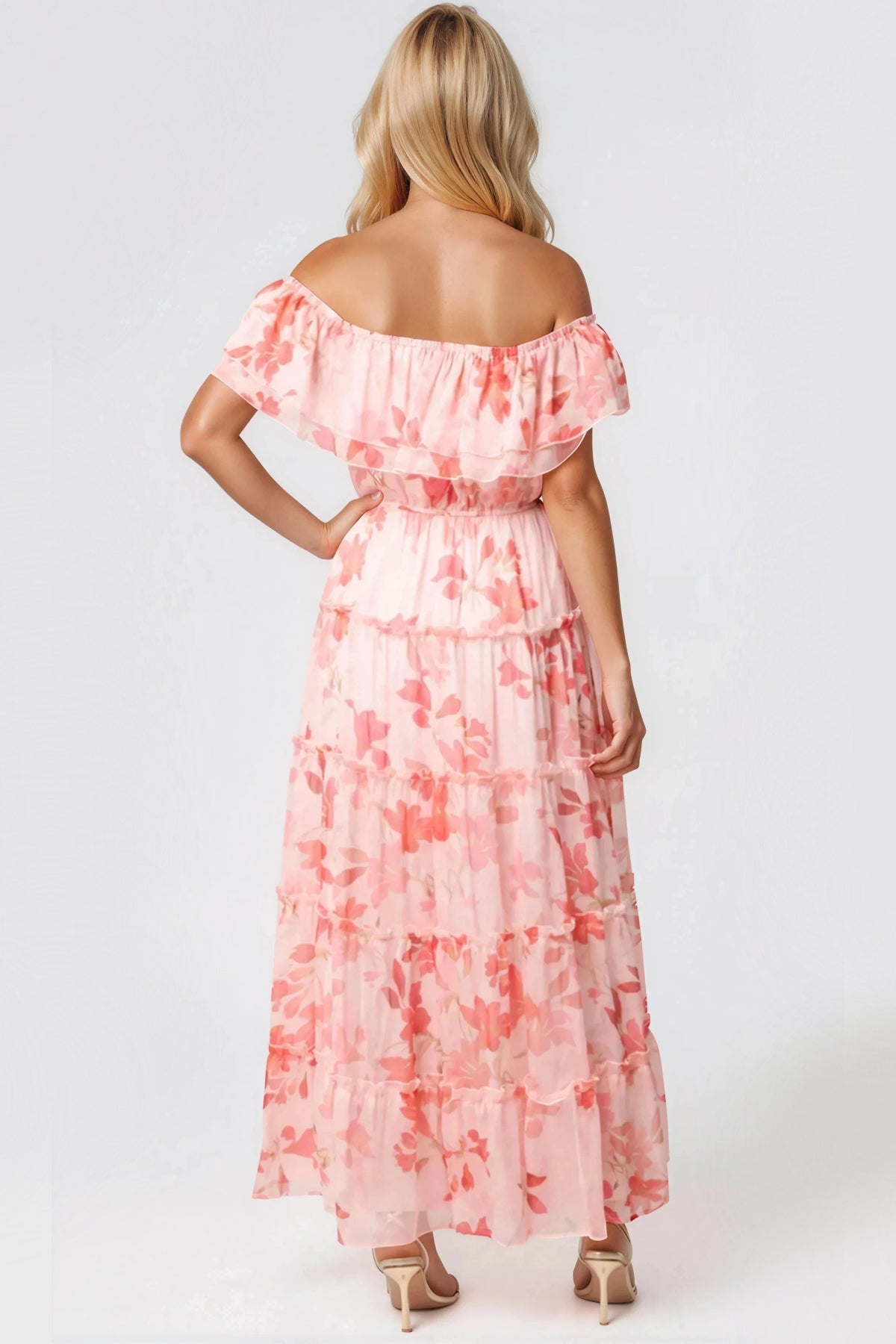 Pink Floral Bardot Tiered Maxi Dress – product image 3 of 3