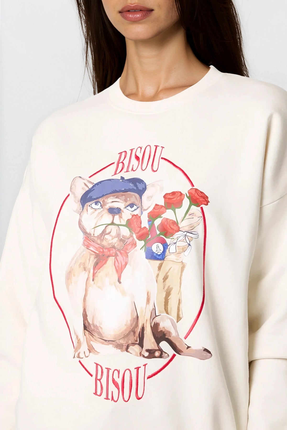Light Beige French Bulldog Embroidered Sweatshirt – product image 2 of 3