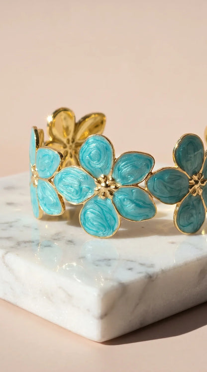 Turquoise Enamel Gold Floral Cuff Bangle – product image 1 of 3
