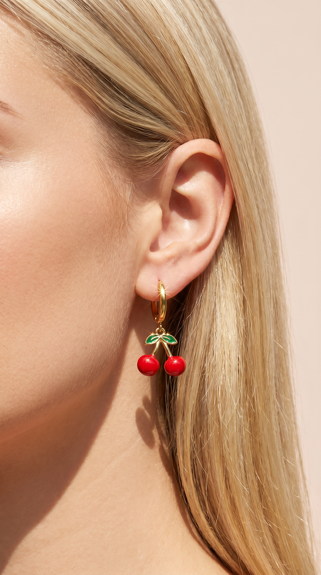 Red Cherry Huggie Hoop Gold Plated Steel Earrings – product image 2 of 3