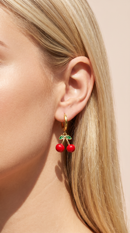 Red Cherry Huggie Hoop Gold Plated Steel Earrings – product image 2 of 3
